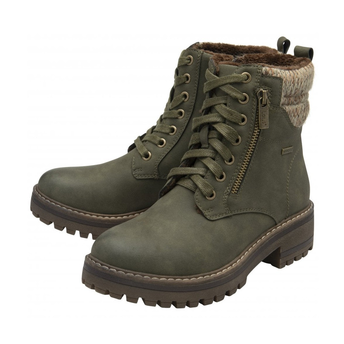Lotus Stefani Khaki Waterproof Lace up Boots with Zip