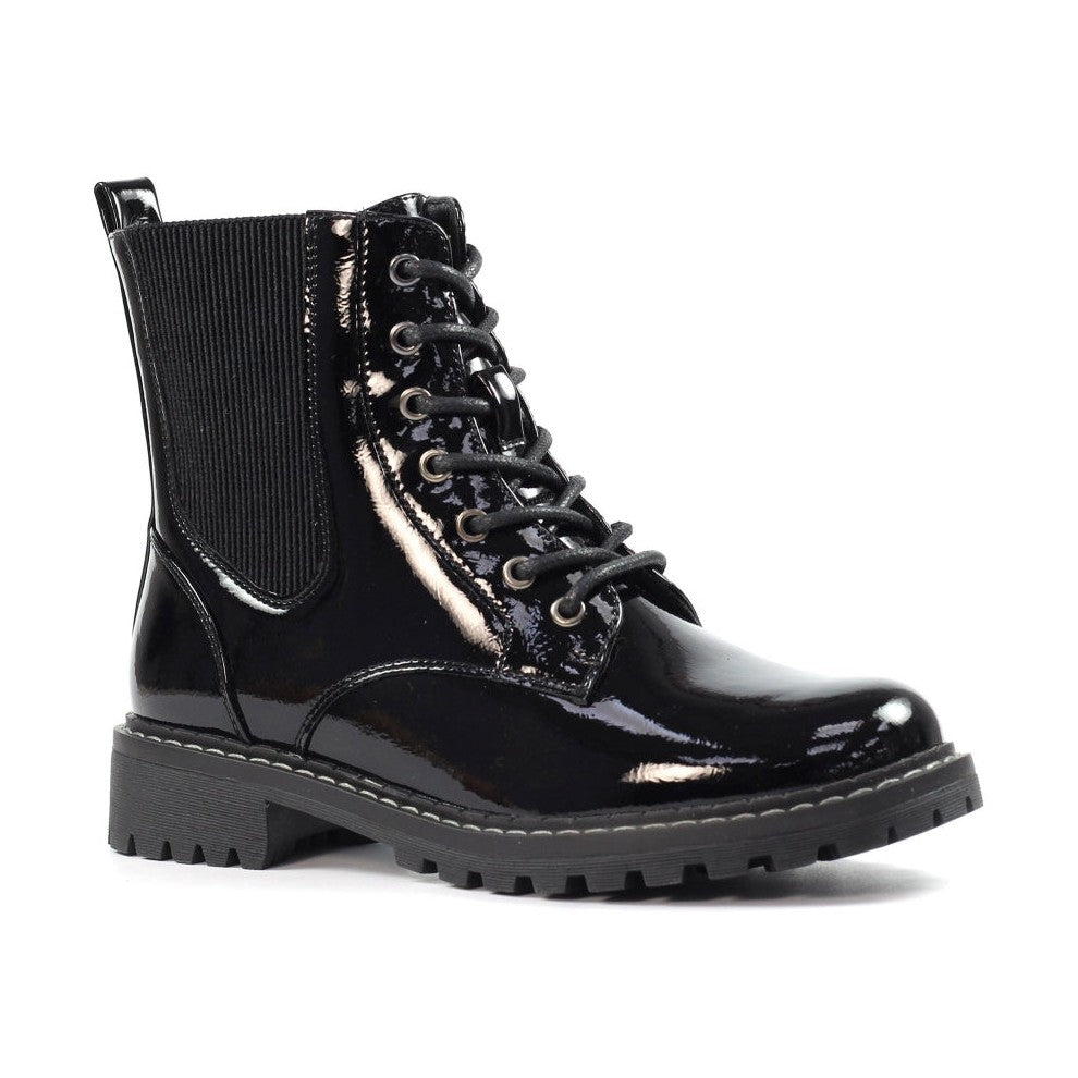Lunar Alexis BLACK Patent Lace Up Boot With Inside Zip