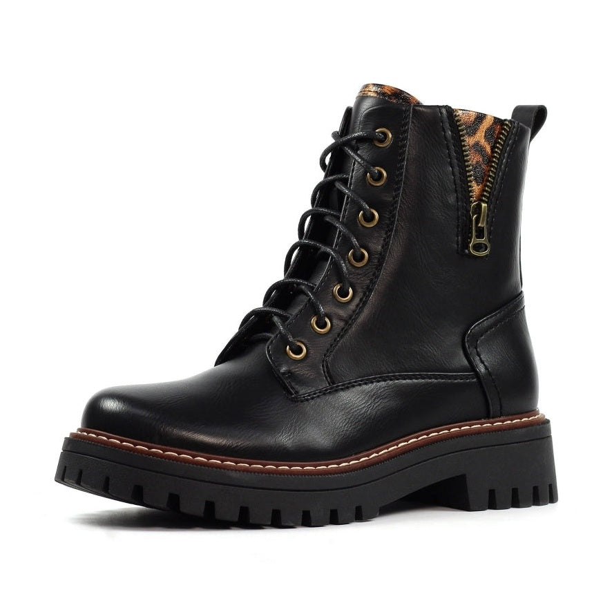 Lunar Colorado Black Chunky Sole Boot with Leorard Print Trim