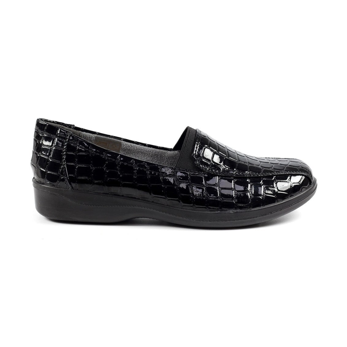 Lunar Nieve BLACK Croc Low Wedge Slip on Shoe FLN007BK
