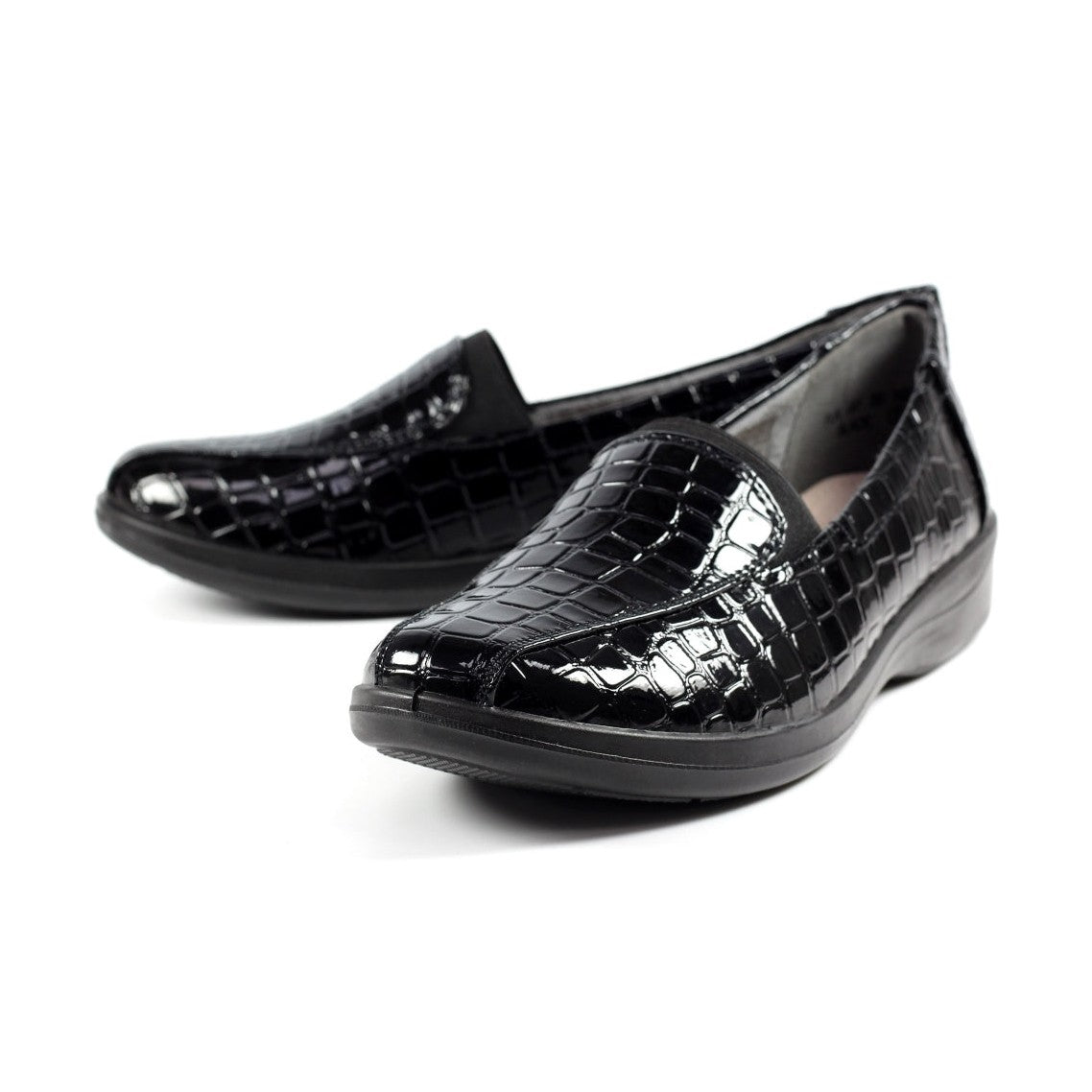 Lunar Nieve BLACK Croc Low Wedge Slip on Shoe FLN007BK