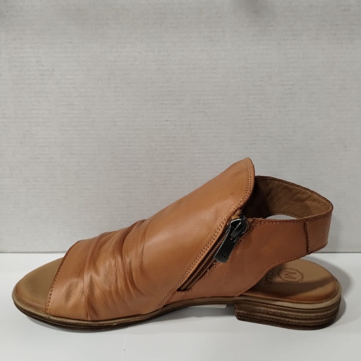 MODELLA Maisie Tan Soft Leather High Fronted Zip Fastening Sandal