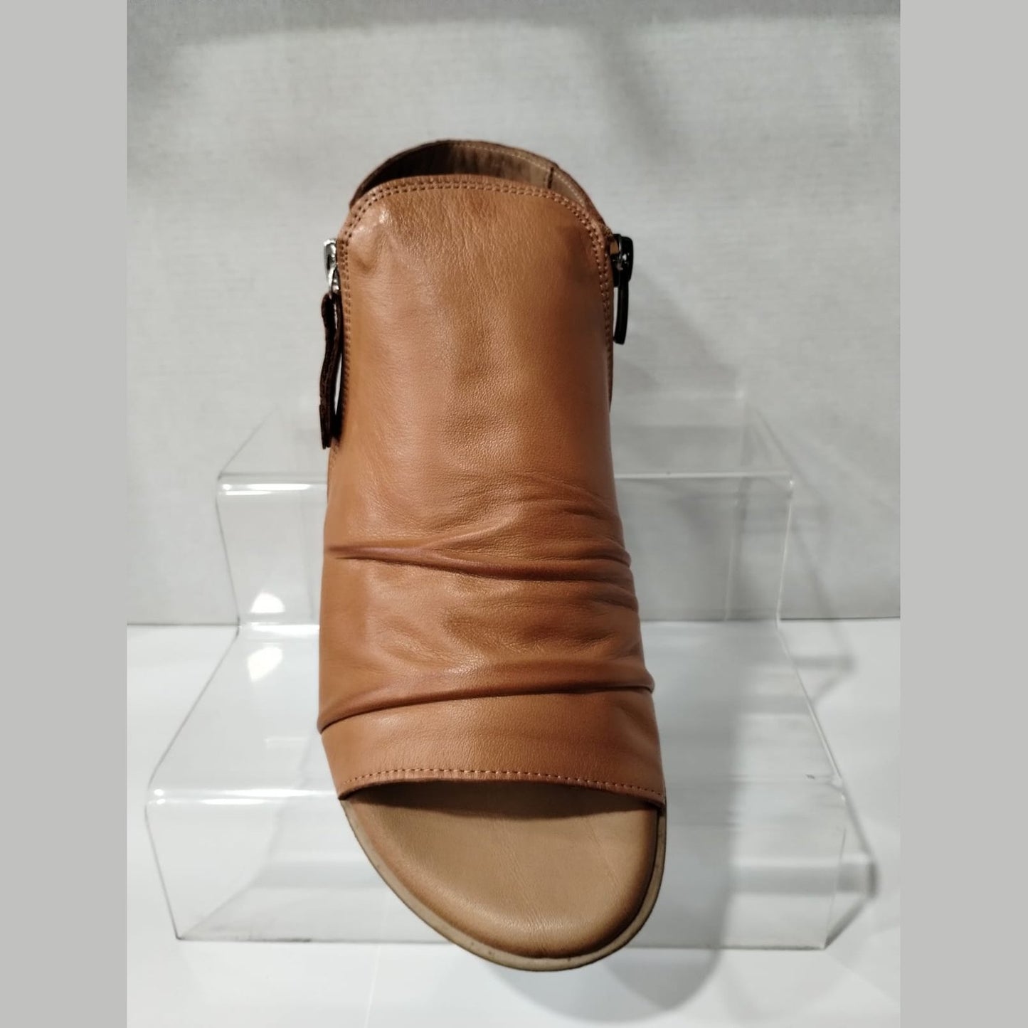 MODELLA Maisie Tan Soft Leather High Fronted Zip Fastening Sandal