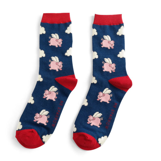 Mr Sparrow Flying Pigs NAVY Bamboo Socks  MR004