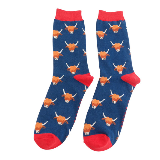 Mr Sparrow Highland Cow NAVY  Quality Bamboo Socks MR065