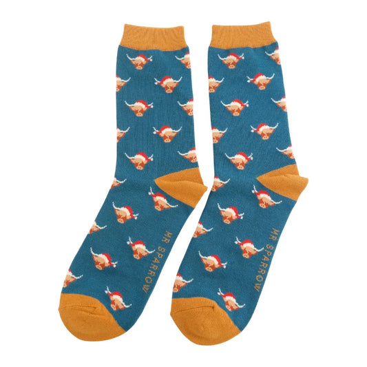 Mr Sparrow  Mens Bamboo Socks Xmas Highland Cows TEAL MR090