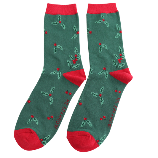 Mr Heron Holly Sprigs GREEN  Quality Bamboo Socks MR188