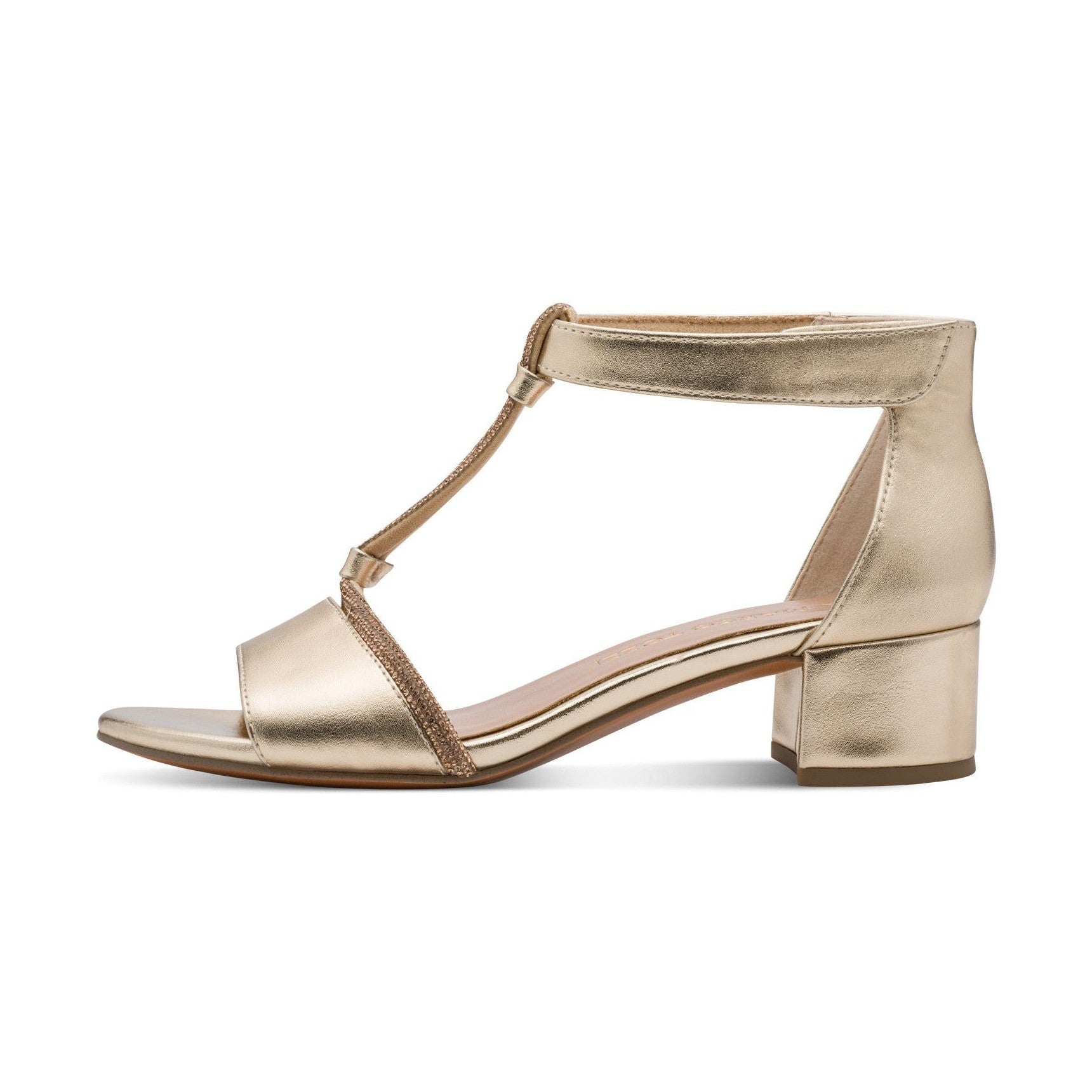 Marco Tozzi Low Block Heel Elegant T Bar Dress Sandal GOLD 28204-46-940