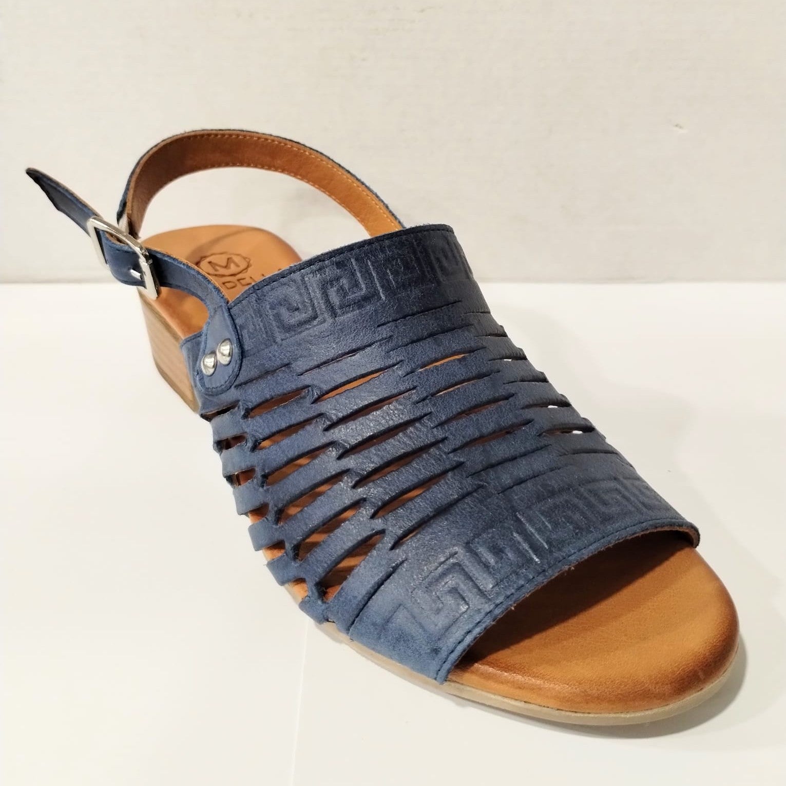 Modella Coral Navy Blue Soft Leather Low Heel Sandal