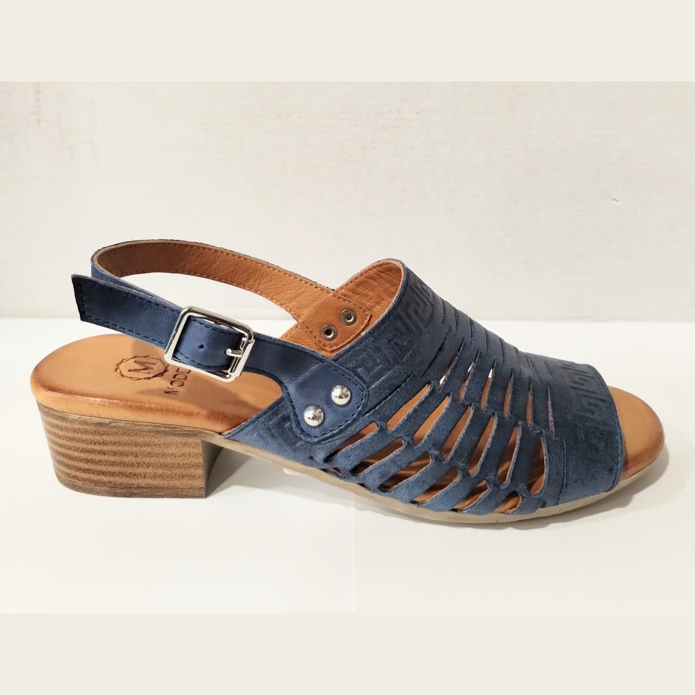 Modella Coral Navy Blue Soft Leather Low Heel Sandal