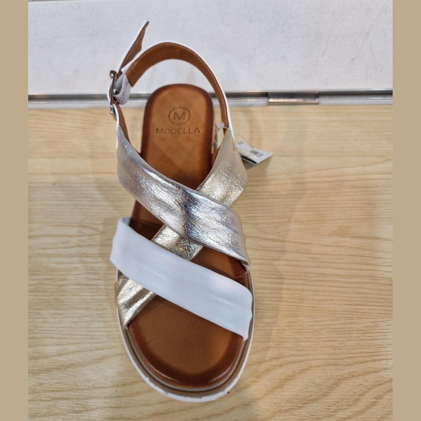 Modella Lyla White / Metallic Soft Leather Low Wedge Sandal
