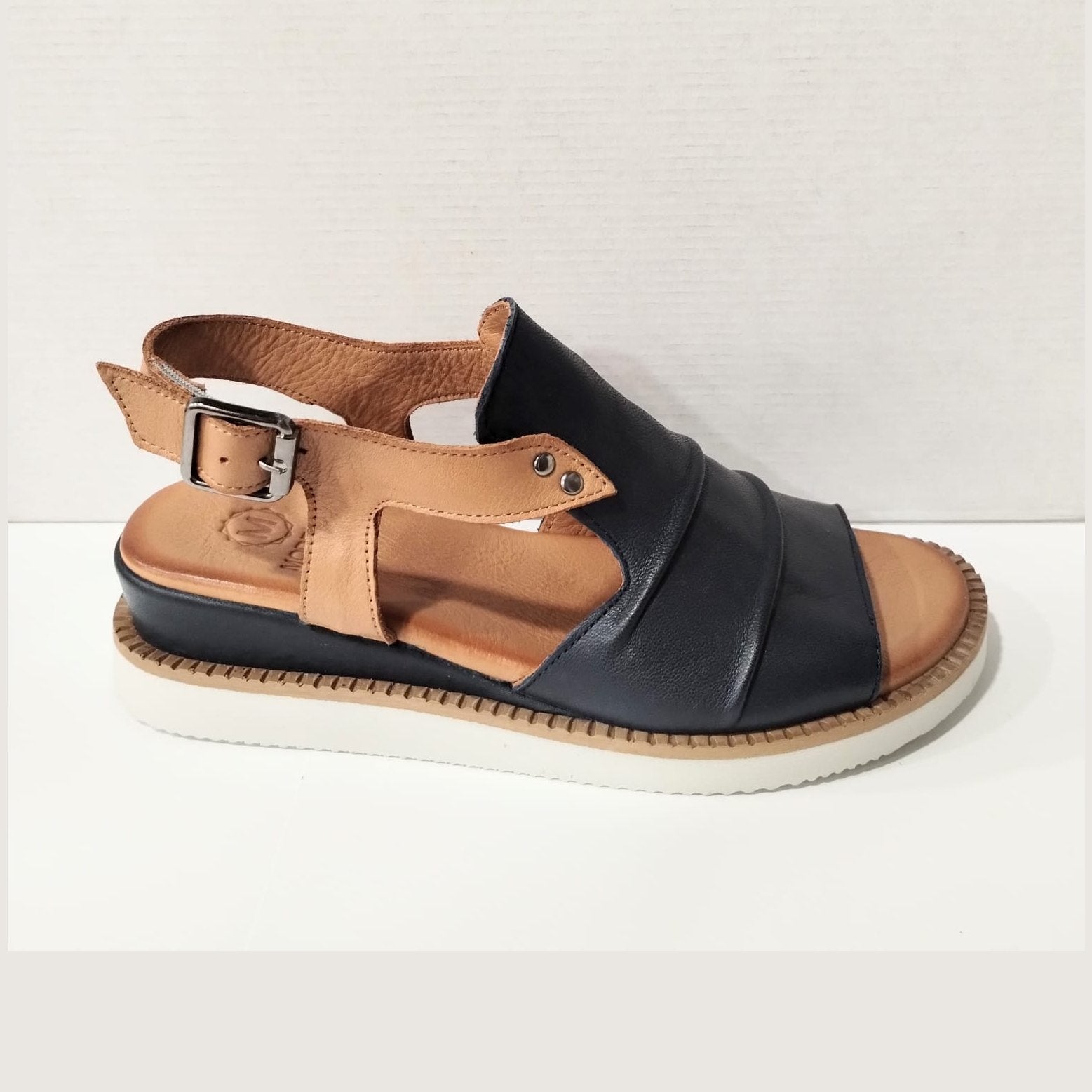 Modella Lyra Navy Soft Leather Wedge Heel Gladiator Style Sandal