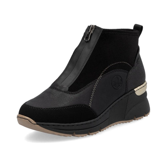 Rieker Ladies Boot N6361 Trainer style front zip Ankle  Boot with Black wedge sole  BLACK N6361-00