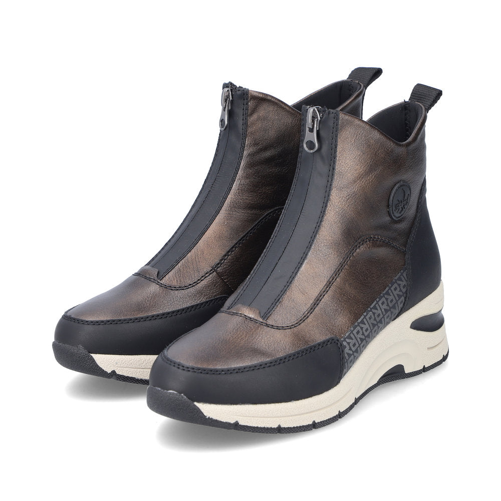 Rieker Ladies Boot N9381 Trainer style front zip Ankle  Boot with wedge sole BRONZE N9381-60