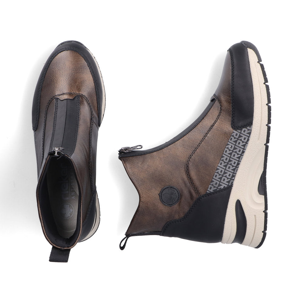 Rieker Ladies Boot N9381 Trainer style front zip Ankle  Boot with wedge sole BRONZE N9381-60