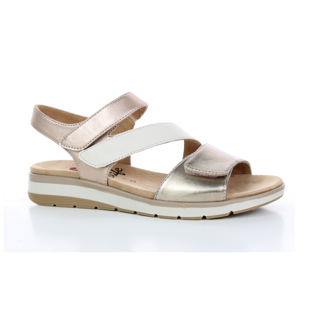 Relife Touch Fastening Low Wedge Comfort Sandal Beige / Metallic 25710-06