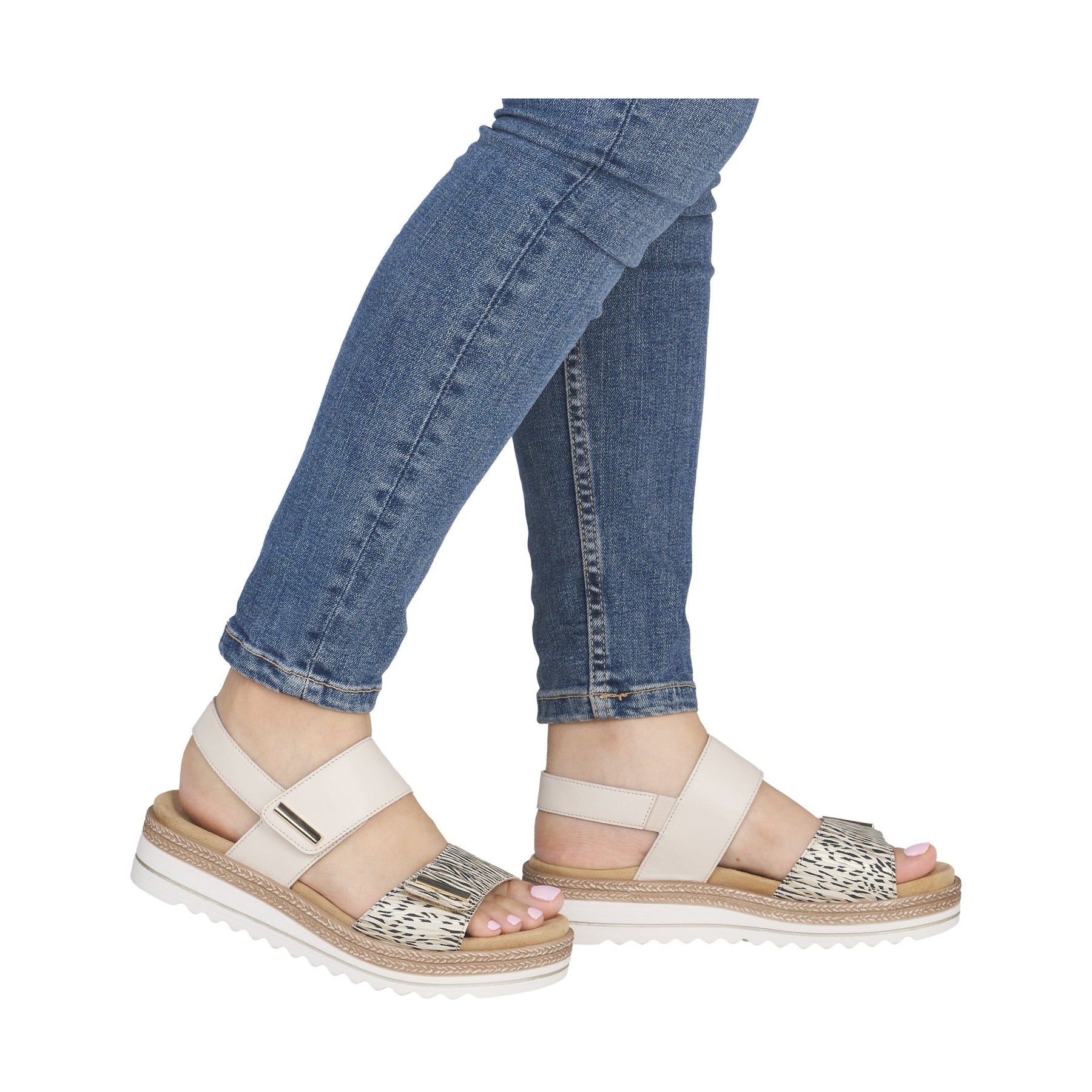 Remonte D0q59 CREAM Leather Animal Print Wedge Sandal D0Q59-61