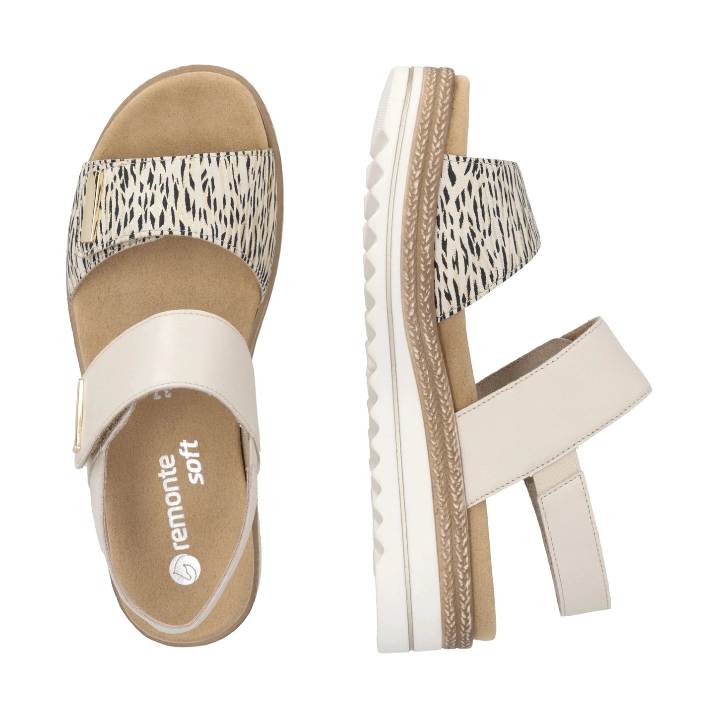 Remonte D0q59 CREAM Leather Animal Print Wedge Sandal D0Q59-61