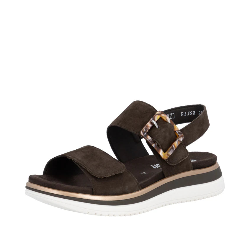Remonte D1j62 Twin Touch Fastening Strap BROWN Suede Leather Low Wedge Sandal  D1J62-25