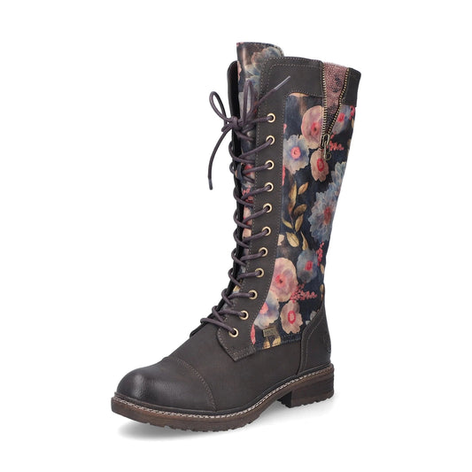 Rieker 94731 Long Leg BROWN Floral PRINT Boot with Laces and Zip 94731-91
