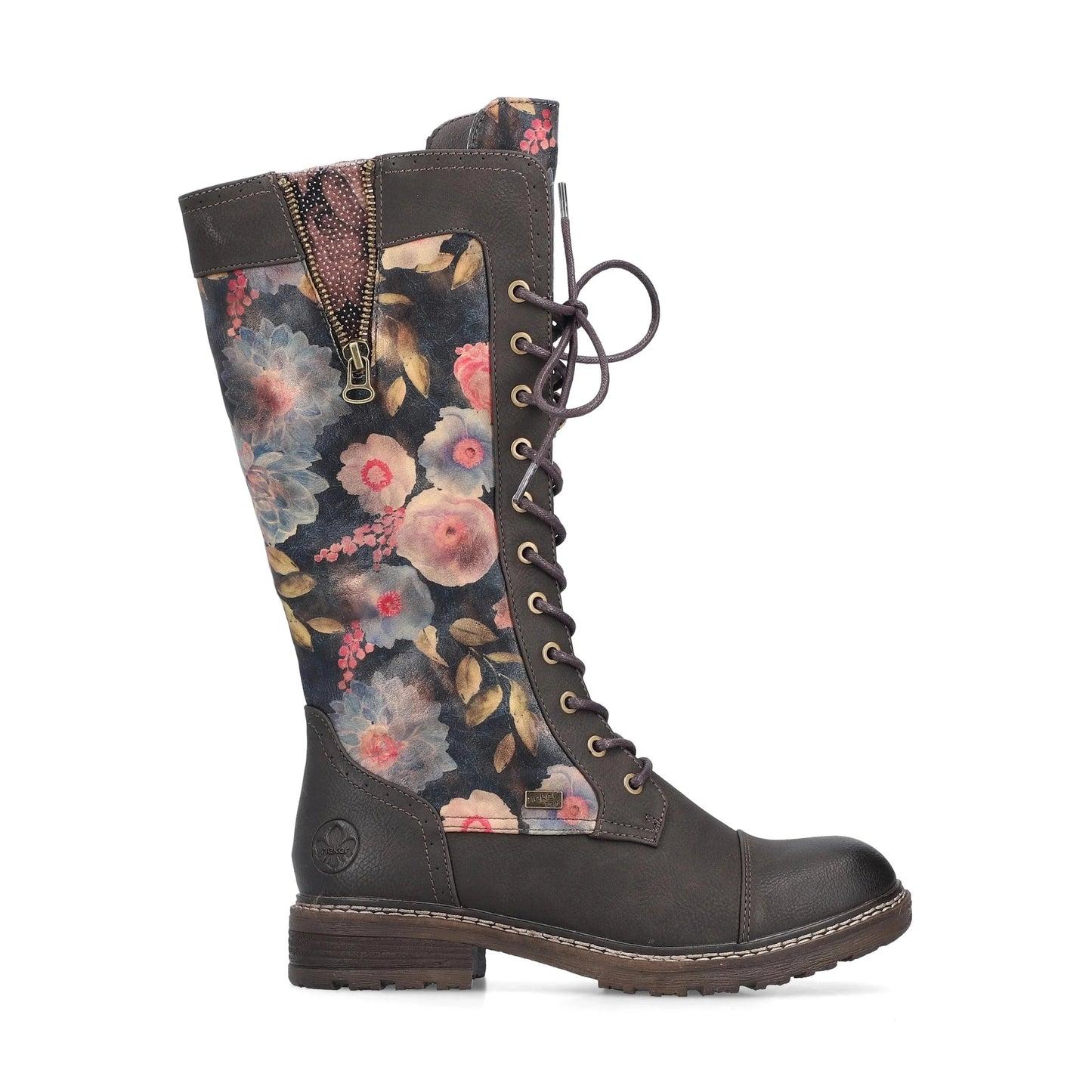 Rieker 94731 Long Leg BROWN Floral PRINT Boot with Laces and Zip 94731-91