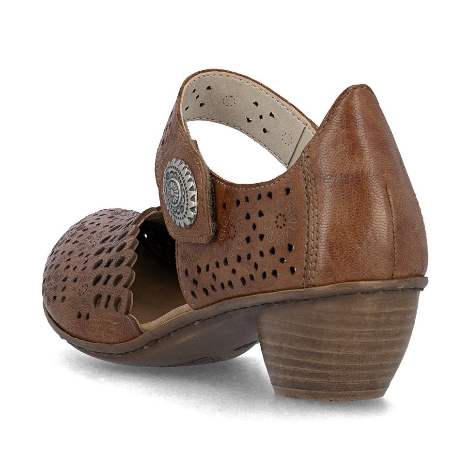 Rieker Bar Shoe 43753-TAN Smart Heeled Leather Bar Shoe With Touch Fastening