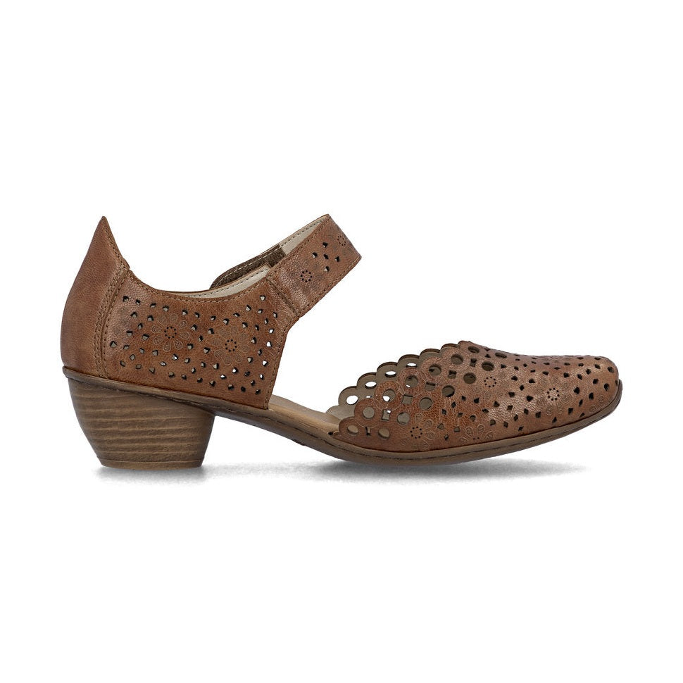 Rieker Bar Shoe 43753-TAN Smart Heeled Leather Bar Shoe With Touch Fastening