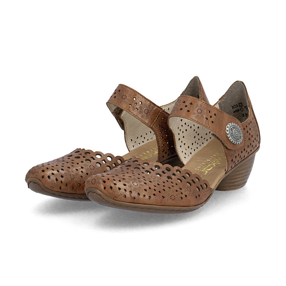 Rieker Bar Shoe 43753-TAN Smart Heeled Leather Bar Shoe With Touch Fastening