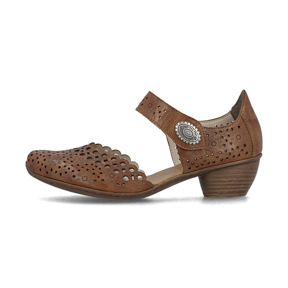 Rieker Bar Shoe 43753-TAN Smart Heeled Leather Bar Shoe With Touch Fastening