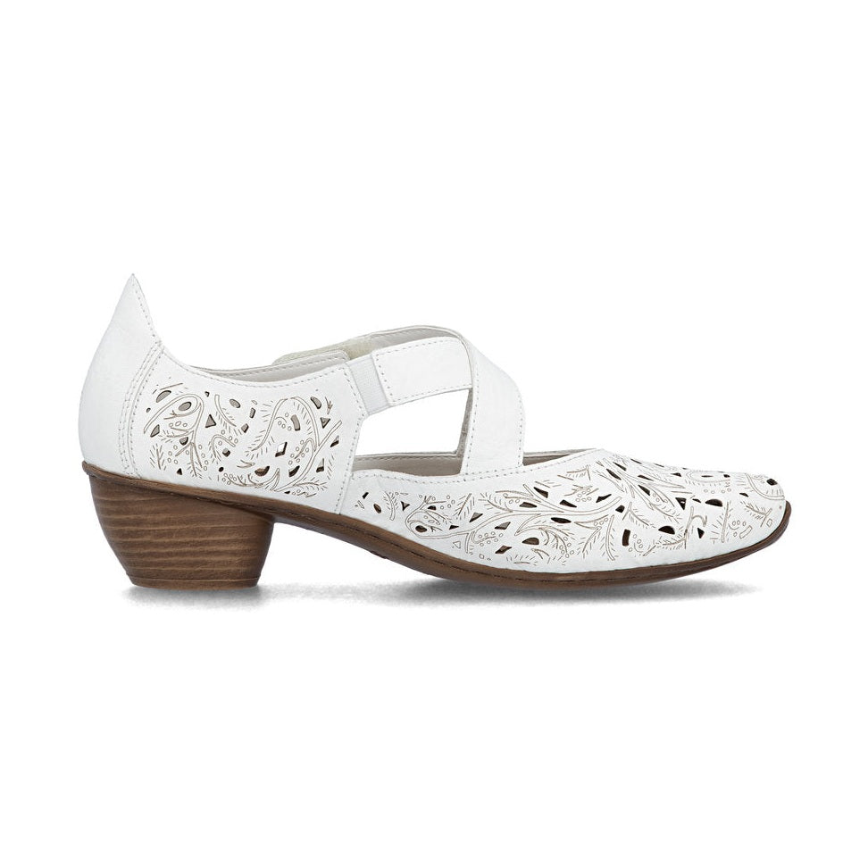 Rieker Bar Shoe 43773 WHITE Smart Heeled Leather Bar Shoe With Touch Fastening