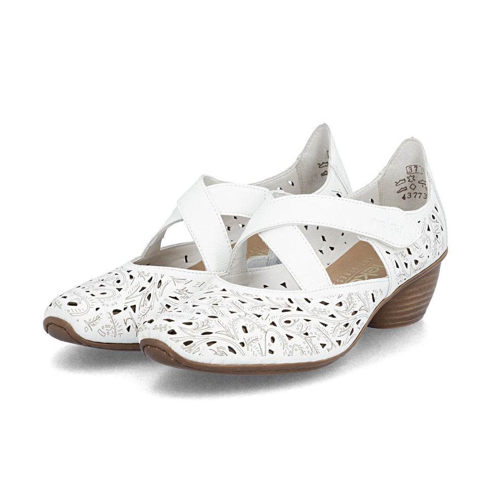Rieker Bar Shoe 43773 WHITE Smart Heeled Leather Bar Shoe With Touch Fastening