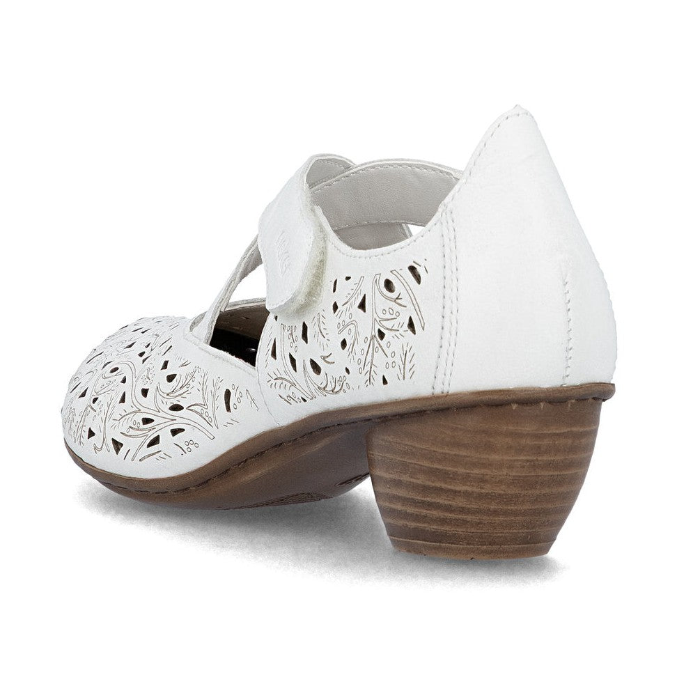 Rieker Bar Shoe 43773 WHITE Smart Heeled Leather Bar Shoe With Touch Fastening