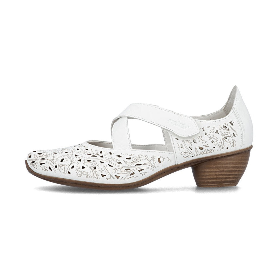 Rieker Bar Shoe 43773 WHITE Smart Heeled Leather Bar Shoe With Touch Fastening
