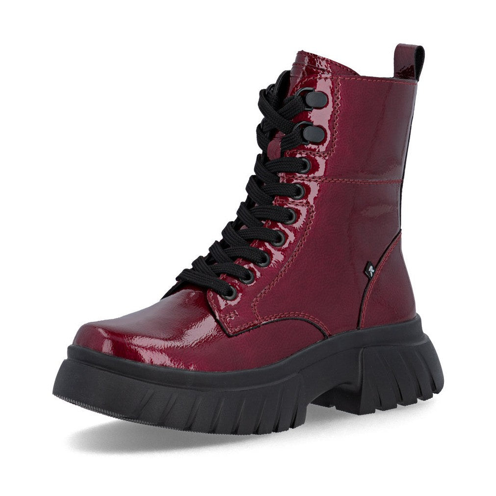 Rieker Biker Style Ankle Boot with Lace and Zip W1870-35 RED PATENT LEATHER