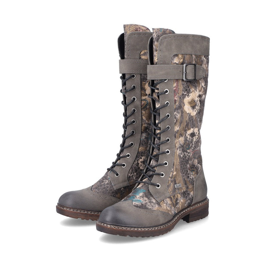 Rieker Boot 94734 Long Riding Boot with Lace and Zip 94734-90 BROWNFLORAL PRINT