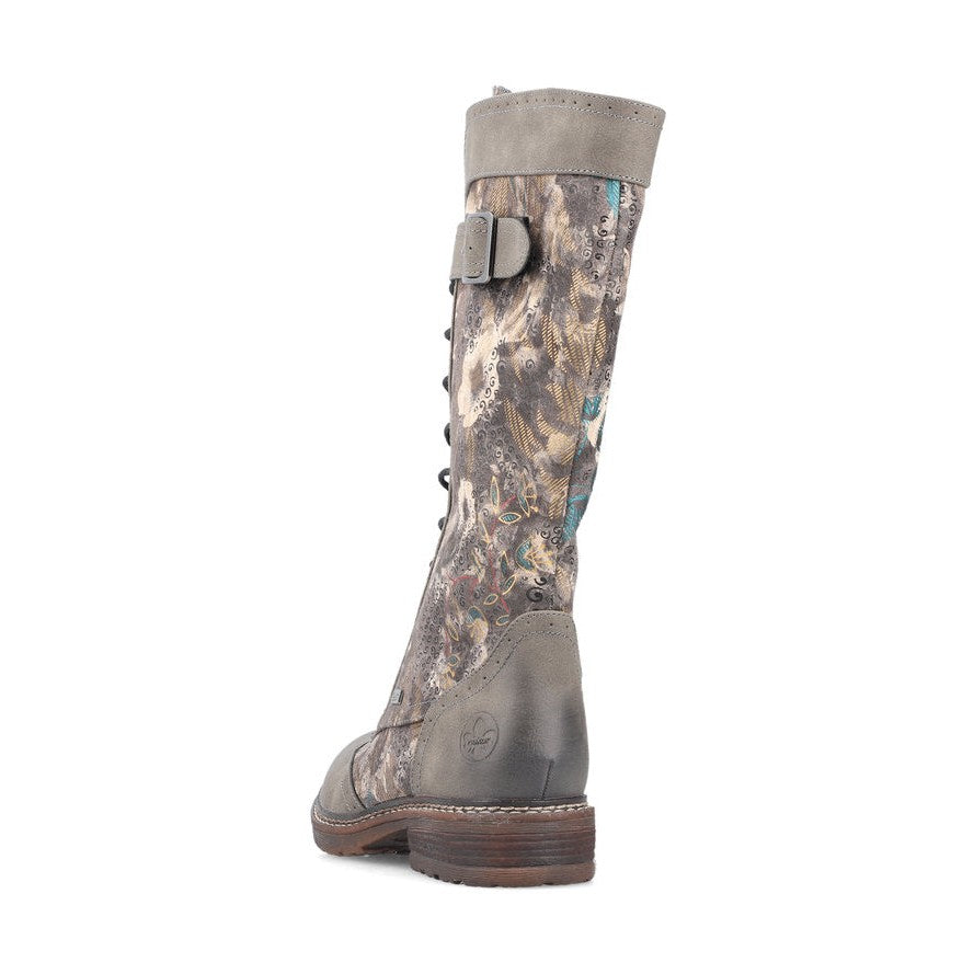 Rieker Boot 94734 Long Riding Boot with Lace and Zip 94734-90 BROWNFLORAL PRINT