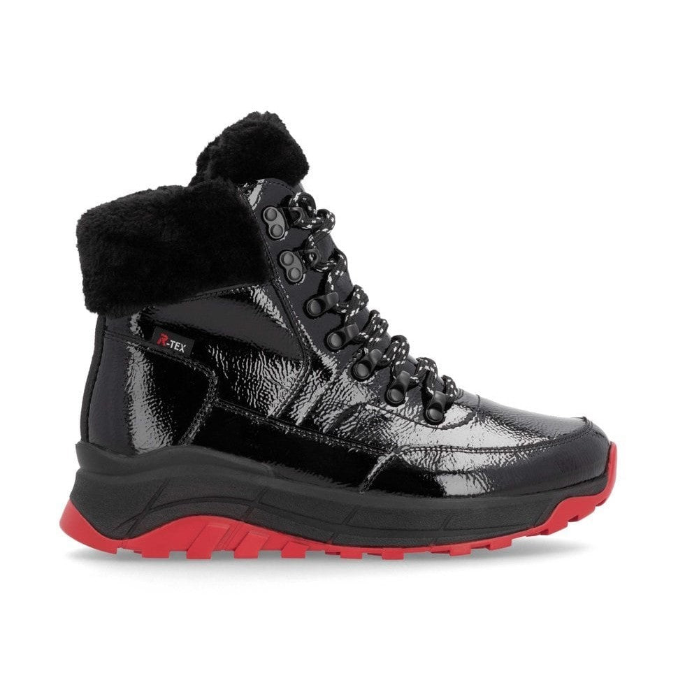 Rieker Evolution W0063 BLACK Patent Leather Lace up and Zip Ankle Boot W0063-01