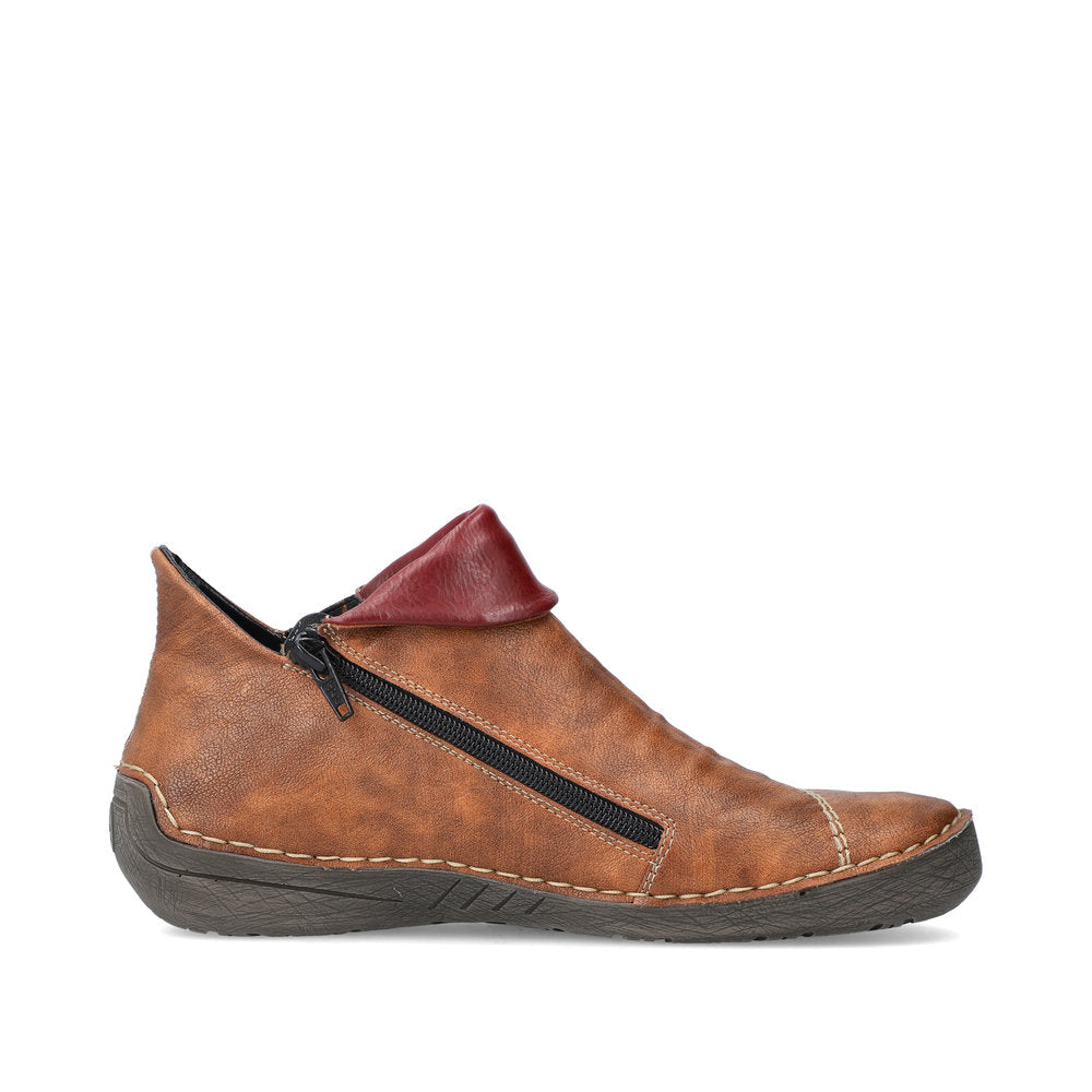 Rieker Ladies Boot 72581 Flat Ankle boot with multi coloured stitching and zip 72581-22 NUT Brown