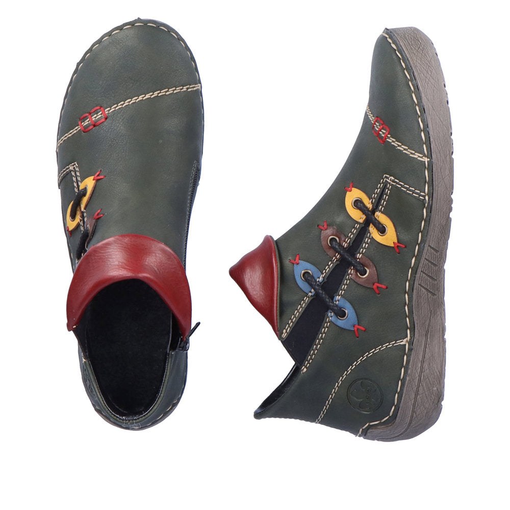 Rieker Ladies Boot 72581 Flat Ankle boot with multi coloured stitching and zip GREEN 72581-54