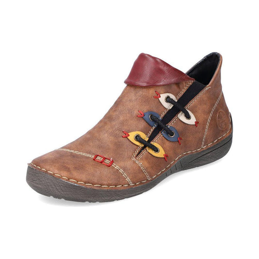 Rieker Ladies Boot 72581 Flat Ankle boot with multi coloured stitching and zip 72581-22 NUT Brown