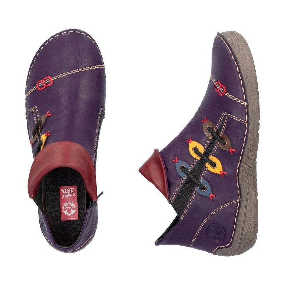 Rieker Ladies Boot 72581 Flat Ankle boot with multi coloured stitching and zip PURPLE 72581-30
