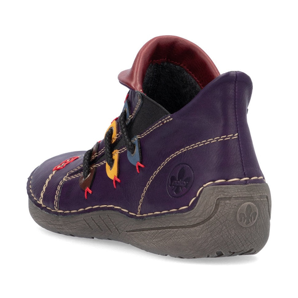 Rieker Ladies Boot 72581 Flat Ankle boot with multi coloured stitching and zip PURPLE 72581-30