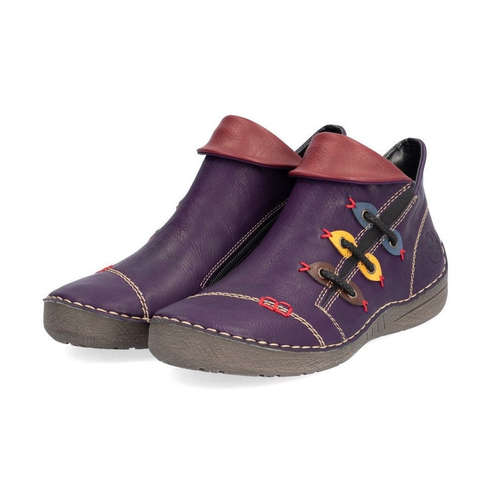 Rieker Ladies Boot 72581 Flat Ankle boot with multi coloured stitching and zip PURPLE 72581-30