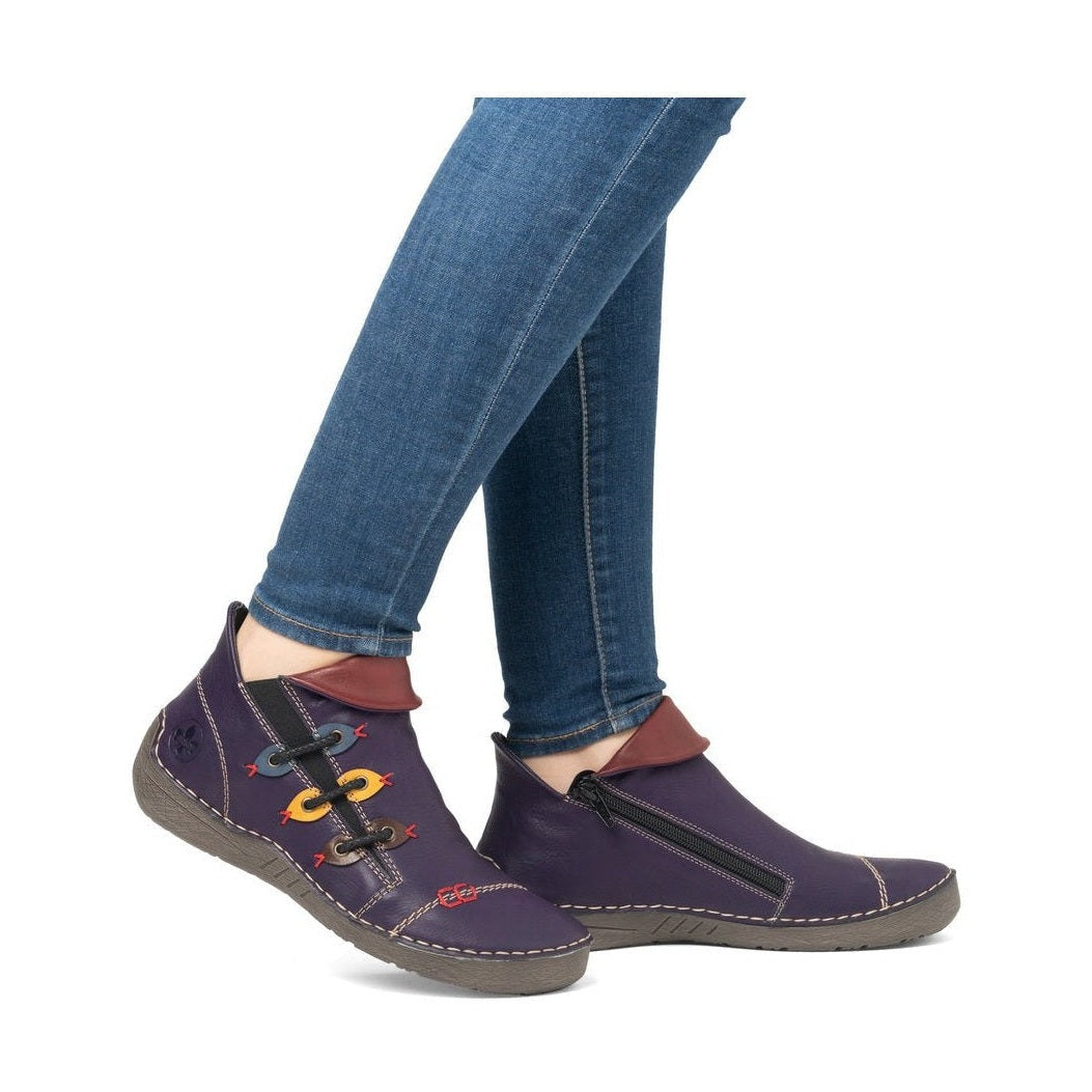 Rieker Ladies Boot 72581 Flat Ankle boot with multi coloured stitching and zip PURPLE 72581-30