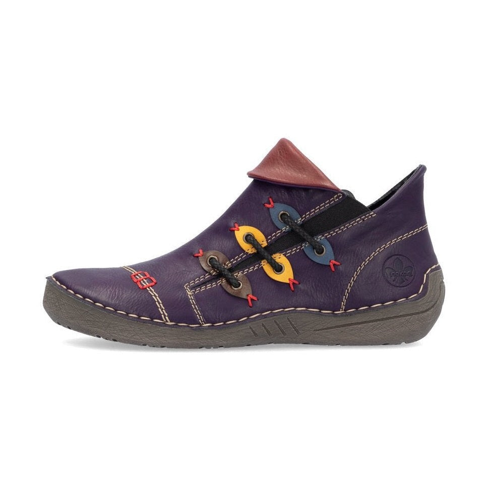 Rieker Ladies Boot 72581 Flat Ankle boot with multi coloured stitching and zip PURPLE 72581-30