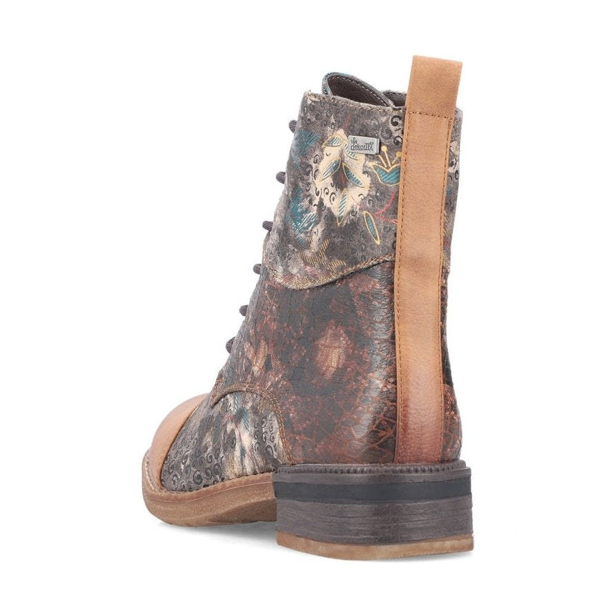 Rieker Ladies Boot 94611-90 Floral Print Ankle boot with lace and Zip BROWN PRINT 94611-90