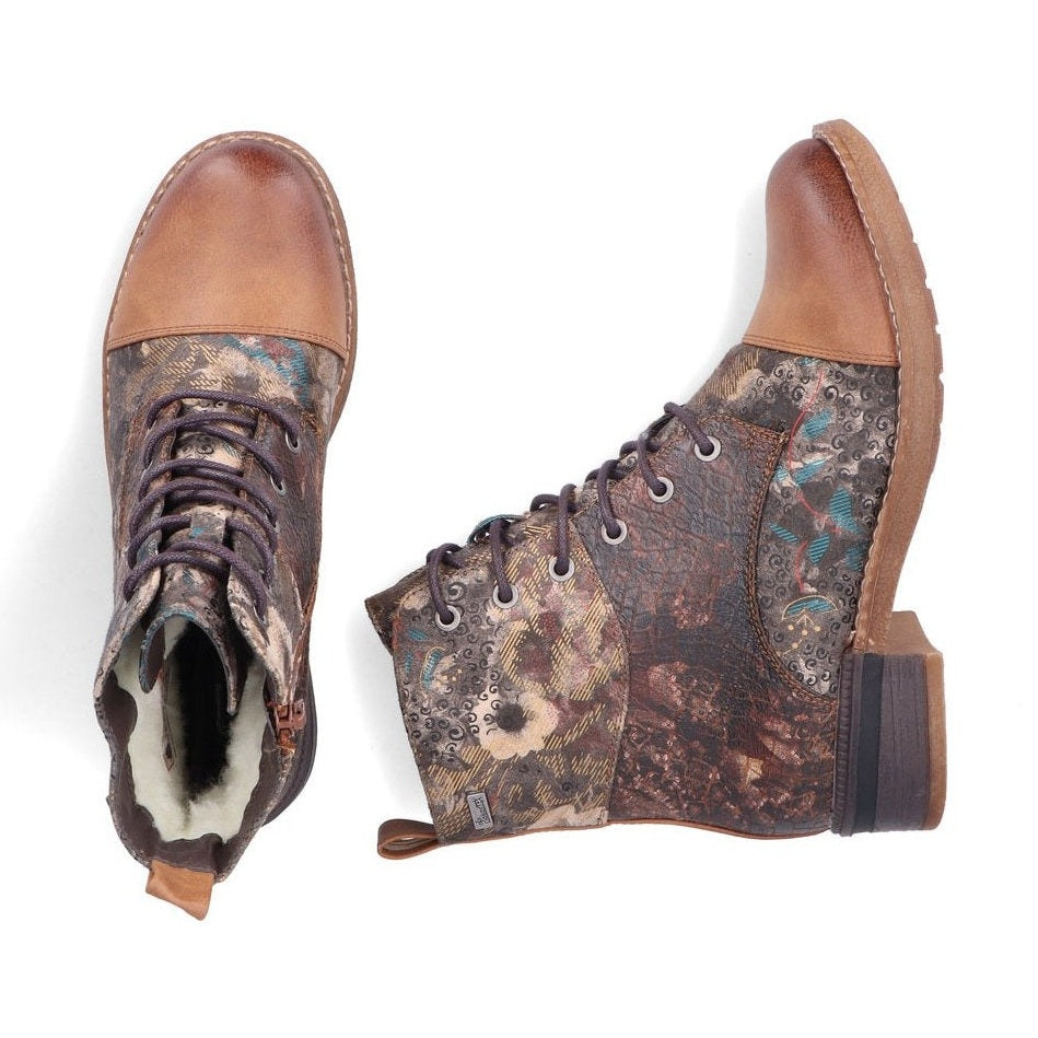 Rieker Ladies Boot 94611-90 Floral Print Ankle boot with lace and Zip BROWN PRINT 94611-90