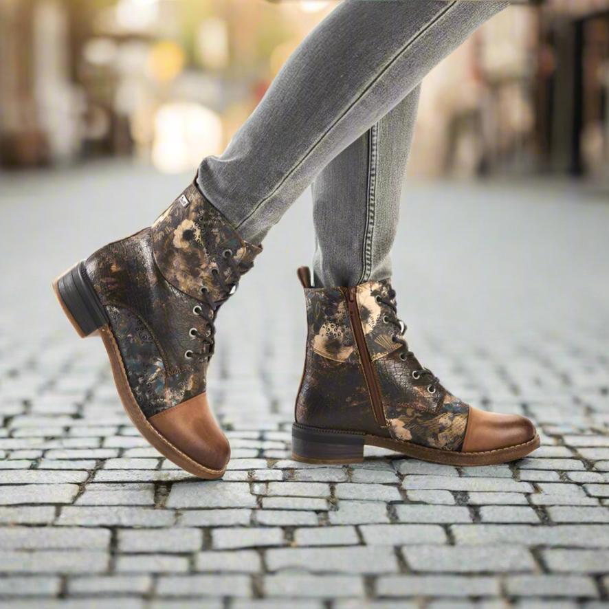 Rieker Ladies Boot 94611-90 Floral Print Ankle boot with lace and Zip BROWN PRINT 94611-90