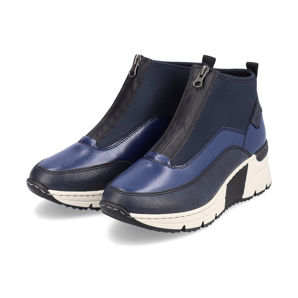 Rieker Ladies Boot N6352 Trainer style front zip Ankle Boot with wedge sole BLUE MULTY N6352-14