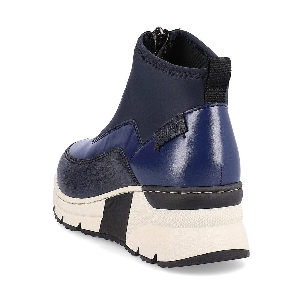Rieker Ladies Boot N6352 Trainer style front zip Ankle Boot with wedge sole BLUE MULTY N6352-14
